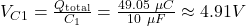V_{C1}=\frac{Q_{{\text{total}}}}{C_1}=\frac{49.05\ \mu C}{10\ \mu F}\approx 4.91 V