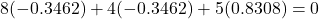 8(-0.3462) + 4(-0.3462) + 5(0.8308) = 0